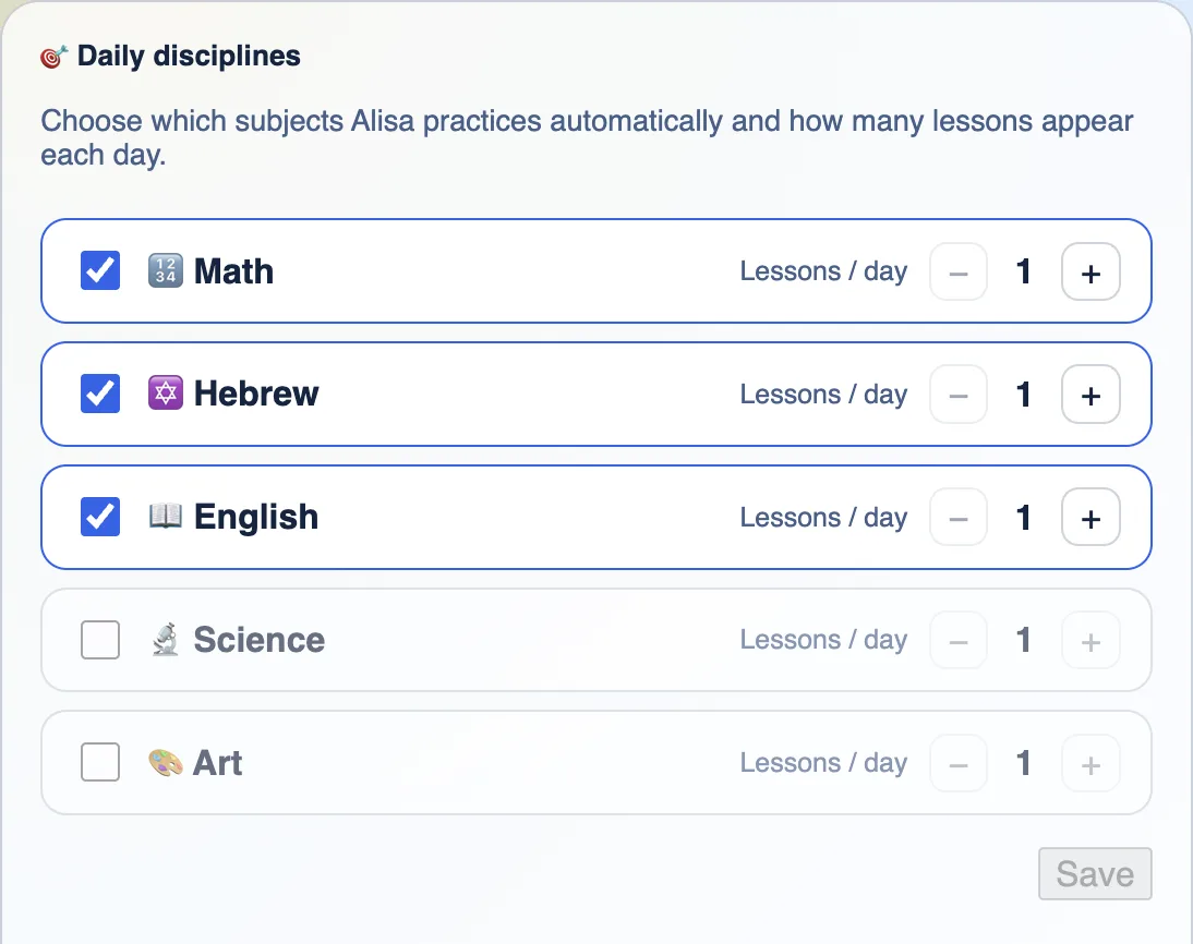 One-time setup: grade, subjects, language; the AI plans from there