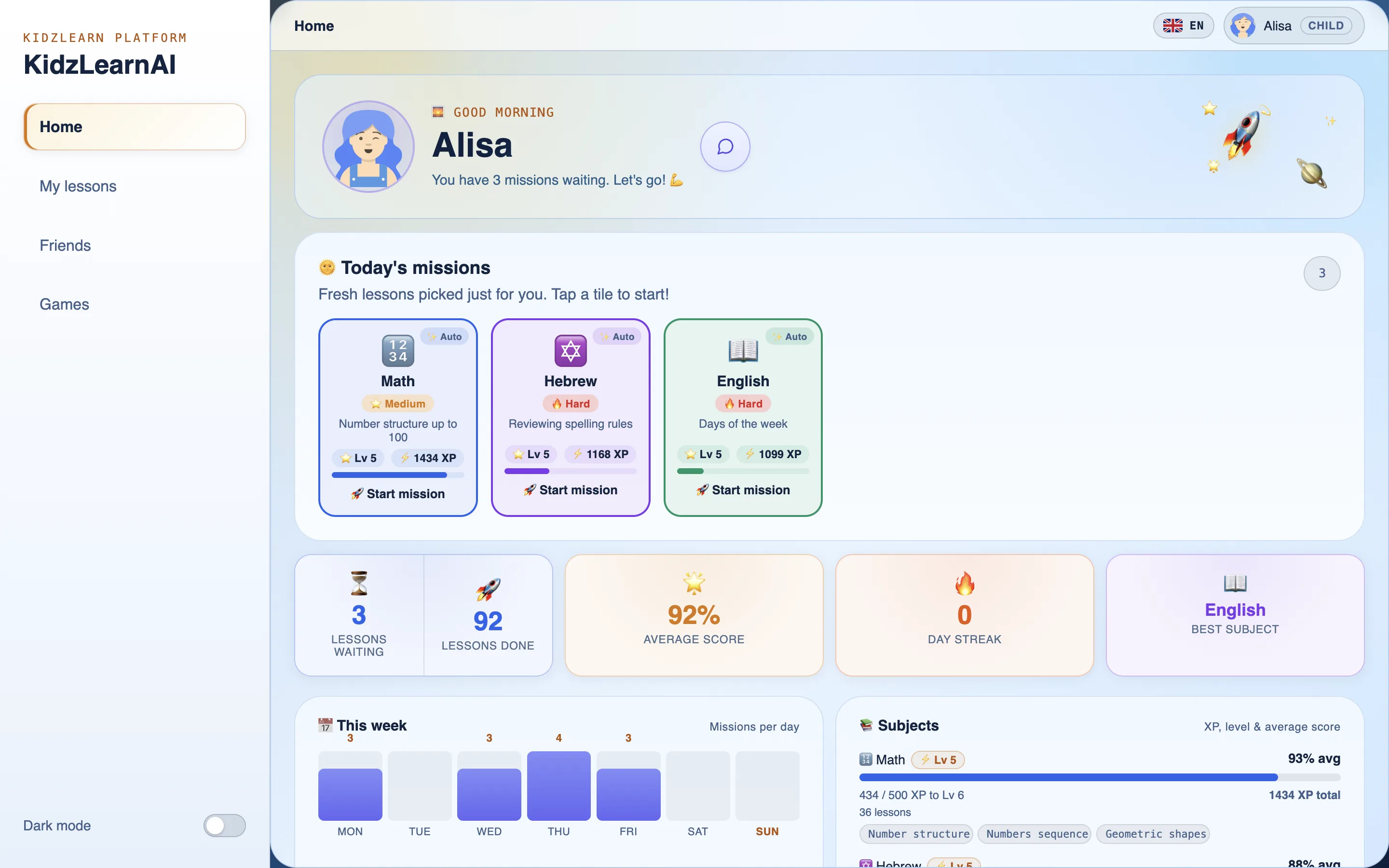 The child's home screen: today's missions, pet and progress